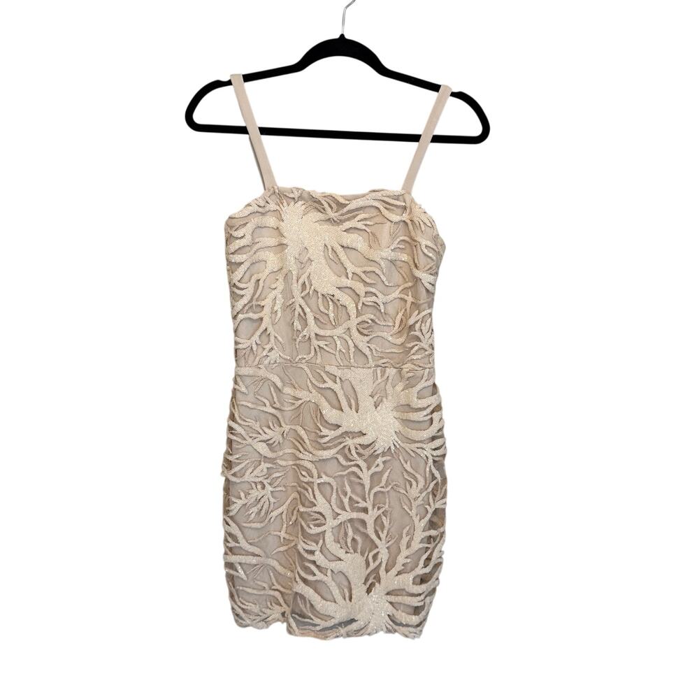 Nicole Bakti Sequin Mini Dress Size 8 Tan Elegant Cocktail Party Glam Evening